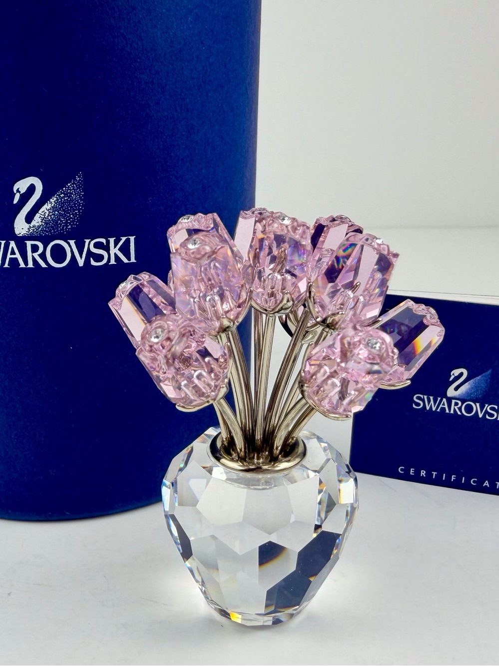 Swarovski A Dozen Pink Roses In Vase 628343 Rose Bouquet Retired, 2.5 in